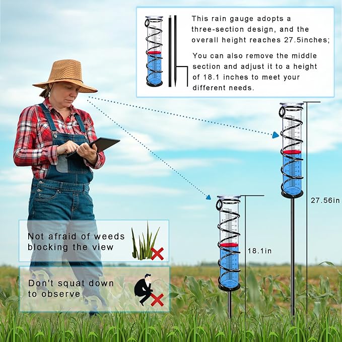 Rain Gauge, Rain Gauge Outdoor, Rain Gauges Outdoors Best Rated for Yard with Stake, Rain Water Meter Measuring with Metal Frame, Decorative for Garden, Deck, Lawn, Landscape