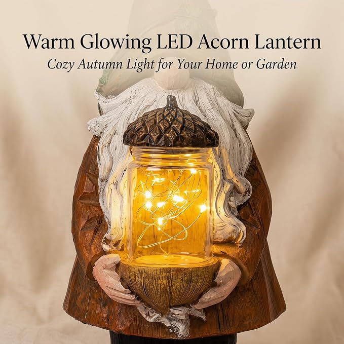 Topadorn Lighted Fall Gnome with Acorn Jar LED Figurine – Resin Harvest Gnome Statue, Thanksgiving Autumn Table Decor for Home, Patio & Tiered Tray