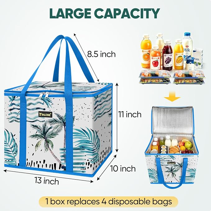 BALEINE 3Pk Insulated Reusable Grocery Bags, Foldable Shopping Bags for Groceries with Reinforced Bottom & Handles (Island Breeze)