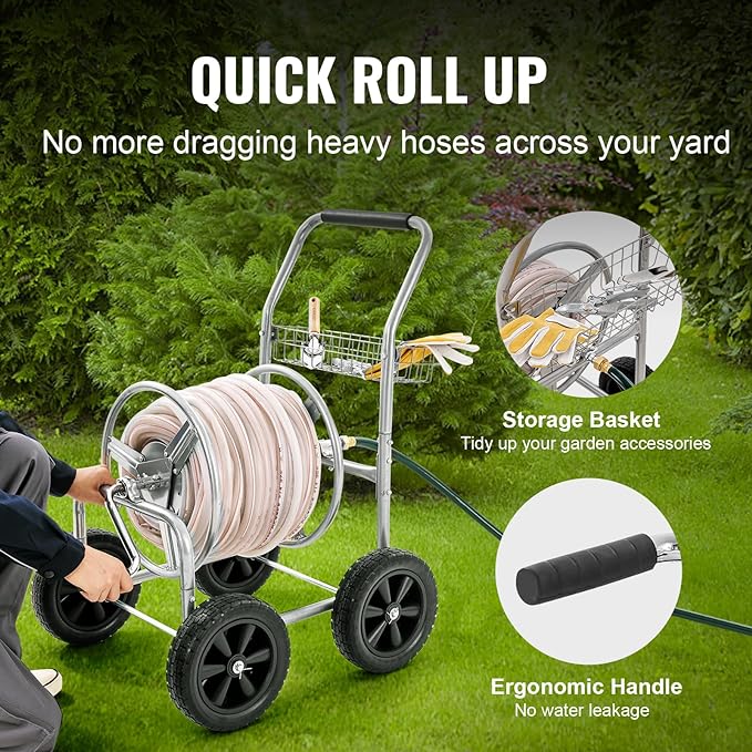 VEVOR Hose Reel Cart, Hold Up to 250 ft of 5/8’’ Hose, Garden Water Hose Carts Mobile Tools with 4 Wheels, Heavy Duty Powder-Coated Steel Outdoor Planting with Storage Basket, for Garden, Yard, Lawn