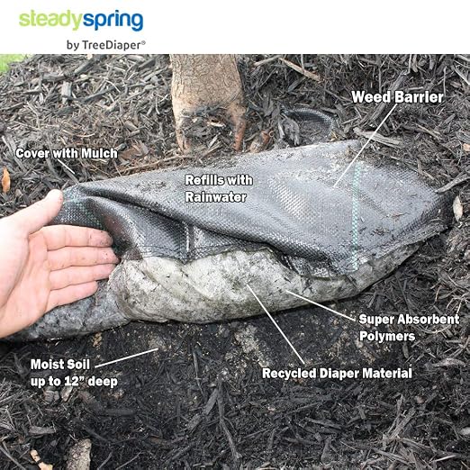 SteadySpring® Smart 30+Day Tree Watering Mat Auto Refills with Rain for Trees with ~20 in (16 in to 23 in) Root Ball - Watering Mat Plus Weed Barrier and Frost Protection Blanket (12)
