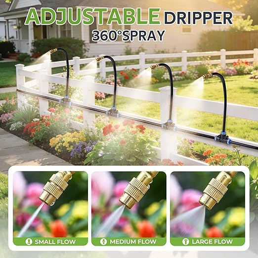 HIRALIY 100FT Garden Watering System with 16 360° Adjustable Copper Mist Nozzles, Quick-Connect Drip Irrigation Kit for Raised Beds, Patio Pots and Greenhouses