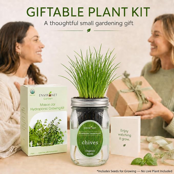 Hydroponic Herb Growing Kit, Self-Watering Mason Jar Herb Garden Starter Kit Indoor, Grow Your Own Herbs from Organic Seeds (Chives)