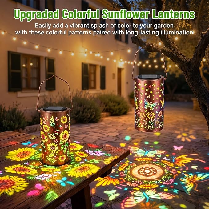 2Pack Colorful Solar Lanterns Outdoor Waterproof, Garden Decor Gifts for Women Mom Grandma - LED Sunflower and Butterfly Solar Powered Lights Metal Hanging Lantern for Outside Garden Patio Yard Porch