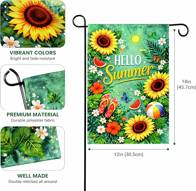 Summer Party Decorations - Summer Garden Flag 12x18 Double Sided Floral Welcome Yard Decor | Summer Farmhouse Accessories Backdrop Favors Supplies Decor for Garden Yard Porch Patio Lawn Outdoor Outside