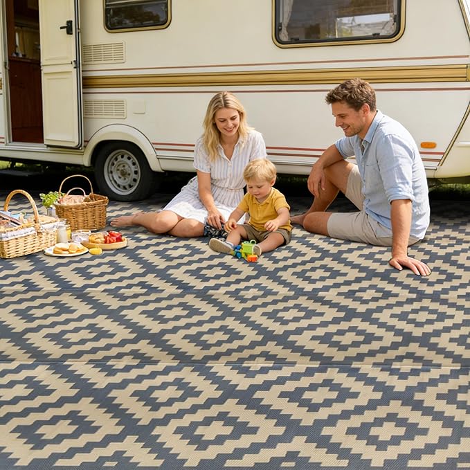 SAND MINE Reversible Mats, Plastic Straw Rug, Modern Area Rug, Large Floor Mat and Rug for Outdoors, RV, Patio, Backyard, Deck, Picnic, Beach, Trailer, Camping (10' x 20', Grey Tan Lattice)