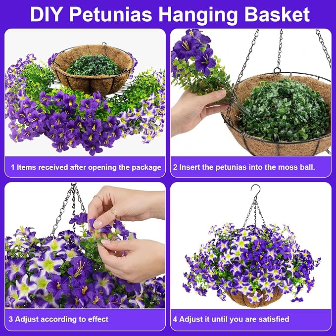 2 Set Artificial Petunias Flowers with Hanging Baskets, 24 Pcs Silk Petunia UV Resistant Purple Faux Petunias Flowers with Hanging Planter for Front Door Porch Spring Outside Decor (2, Purple)