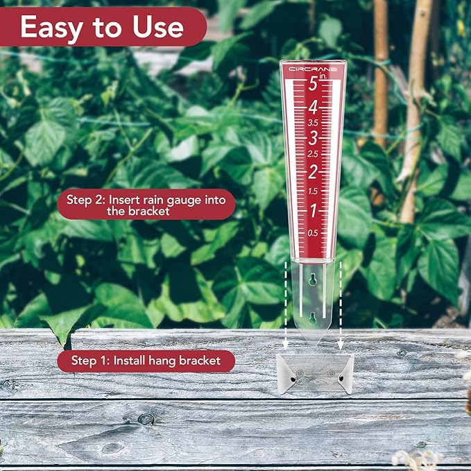 Circrane 5-Inch Capacity Outdoor Rain Gauge with Additional Hang Bracket& Stainless Steel Screws, Magnifying Scale and Numbers Design for Easy Read (Red)