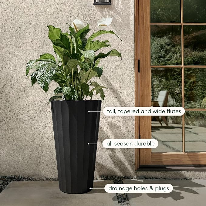 Veradek Column Series 26" Tall Outdoor Planter for Porch & Patio | Durable Plastic-Stone Material w/Shelf | Modern Décor for Plants & Flowers