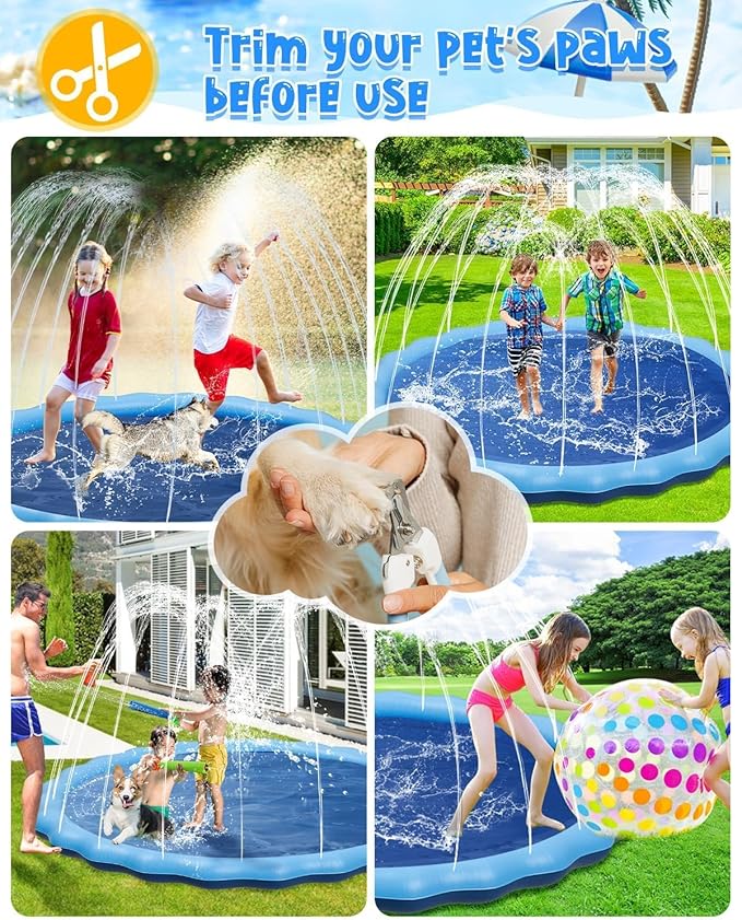 YSJILIDE Non-Slip Large Sprinkler Splash Play Mat,Splash Pad for Kids and Dog (Blue, XXXXXL-120)