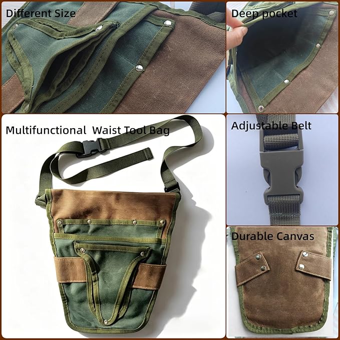 Gardening Tool Pouch for Waist, Hands-Free Canvas Tool Belt with 6 Pockets – Adjustable Waist Apron for Trowel, Pruner & Weeder (Gardening Tools NOT Included)-Green