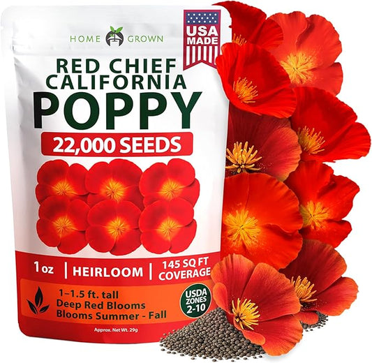 HOME GROWN California Poppy Seeds for Planting Red Chief 22,000 Seeds (29g), Red Blooms, Heirloom Non-GMO, Wildflower & Pollinator Gardens, Drought Tolerant, Zones 2–10 (Eschscholzia californica)