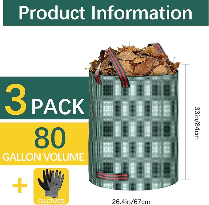 3 Pack 80 Gallon lawn leaf bags leaf bags yard waste bags,Gardening gloves included,Cleaning fallen leaves, weeds, outdoor and camping supplies; or use for moving