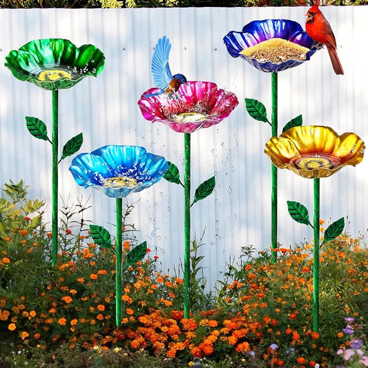 Metal Bird Baths for Outdoors, Garden Bird Bath & Bird Feeders with Metal Stake, Hummingbird Feeder for Outdoor Garden Yard Lawn Decor (5PCS)