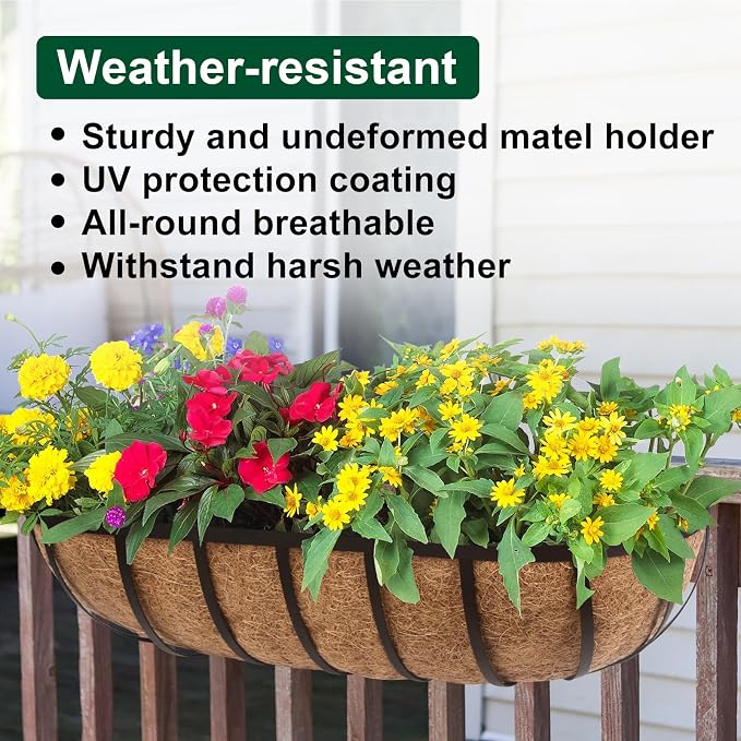 DUNCHATY 24 Inch Railing Planter 2 Pack - Adjustable Metal Window Box Planter with Coco Liner for Deck Balcony Porch Fence - Outdoor Hanging Flower Basket for Herbs & Flowers