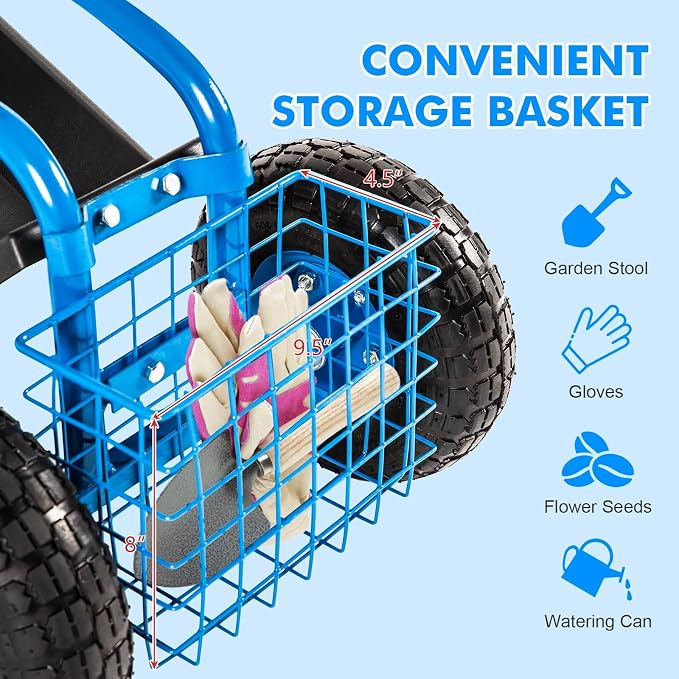 KINTNESS Garden Cart with Rolling Work Seat Tool Tray and Storage Basket on Wheels Heavy Duty Garden Scooter Gardening Planting (Blue)