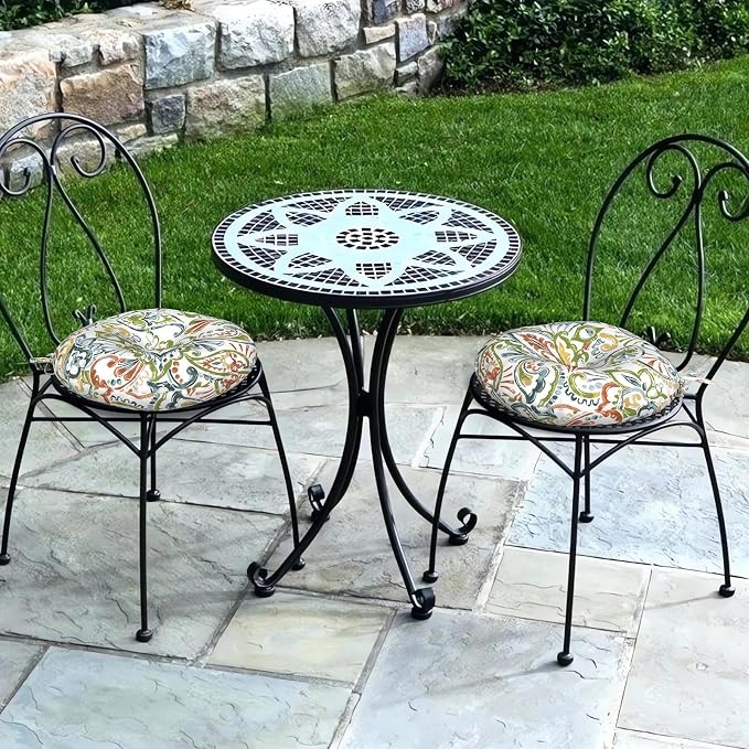 DYTXIII Set of 2 Outdoor Round Chair Cushions 15"x15"x4" with Ties, Water Repellent Tufted Bistro Seat Cushions, Thick Patio Chair Pads for Bar Stool, Garden & Dining Furniture - Paisley Botanical