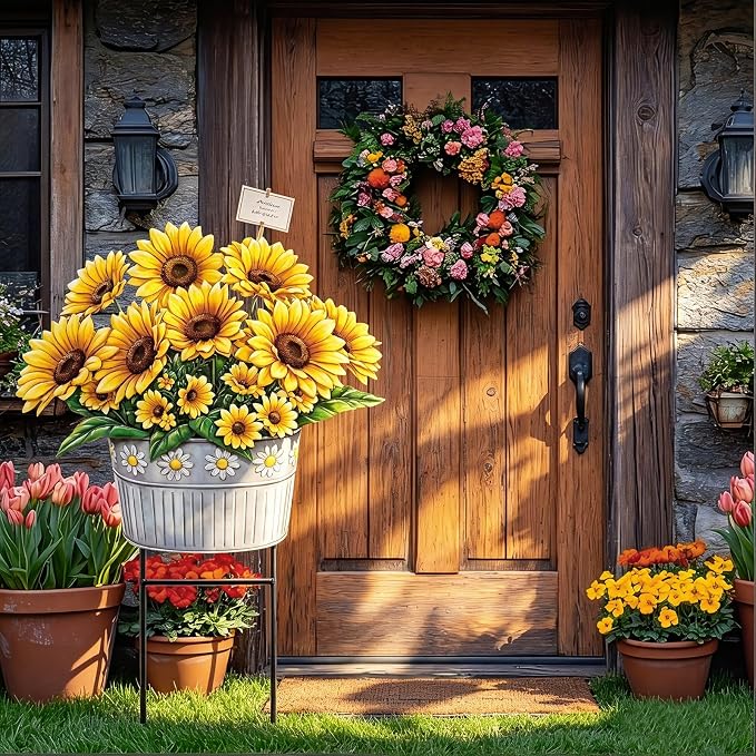 Amyhill Summer Sunflower Outdoor Decoration Metal Garden Stakes 23 Inch Sunflower Welcome Yard Sign Decoration Summer Decorative Garden Stake for Home Outside Lawn Patio Walkway Backyard Porch Decor
