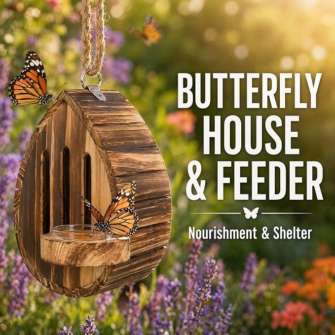 Butterfly Houses for the Garden, Butterfly House Wooden Shelter with Feeder and Hanging Design, Habitat Nesting Box for Outdoors, Pollinator House for Butterflies, Moths, Lacewings, Ladybugs (3PCS)