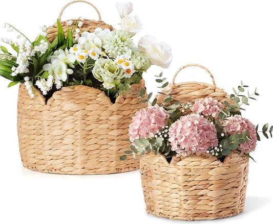 2 PC Door Basket Scalloped Hanging Storage Basket,Water Hyacinth Woven Wall Baskets for Front Door Decor, Hangable Storage Organize for Flowers,Planter,Mails,Wicker Baskets for Organizing Garden- S+L