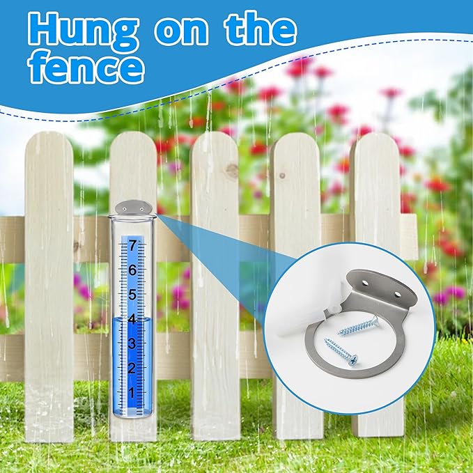 Rain Gauge Outdoor, 7" Large Capacity Rain Gauge Replacement Tube with Stainless Steel Mounting Rack Holder, Clear Numbers, Rain Gauges Outdoors Best Rated for Garden Lawn Yard Fence Patio Farm
