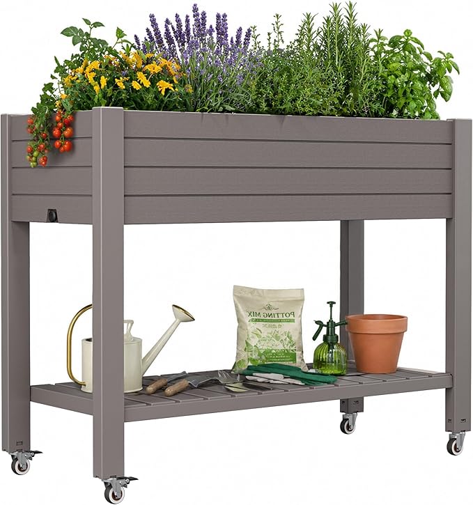 33.7" Tall Raised Garden Bed with Wheels, Divisible Plastic Planter Box with Drainage Gauge & Storage Shelf, Herb Garden Planter for Garden Patio Backyard, Gray (33.7" h)