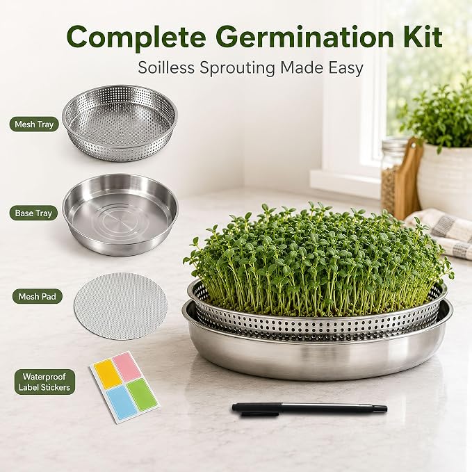 2 Pack Stackable Sprouting Trays with Mesh Lids, 304 Stainless Steel Soil-Free Sprouter Kit for Microgreens Broccoli Alfalfa Bean Seeds