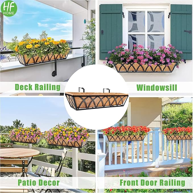 HFHOME 24 inch 2 Pack Railing Planter Boxes, Heavy Duty Window Box Planters, Adjustable Balcony Planters for Railing Hanging, with Coco Liner & Support Rod for Deck, Porch, and Patio Gardening