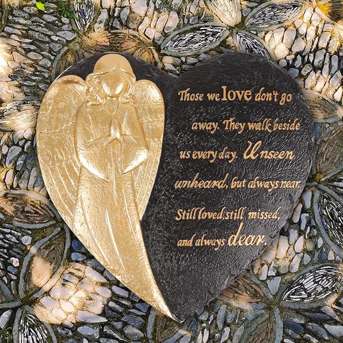 10 Inch Heart Shaped Angel Garden Mmeorial Stones, Memorial plaques for Outdoors, Memorial Garden Angel Decor, in Memory Garden Stones, Memorial Gifts (Black Heart Angel)