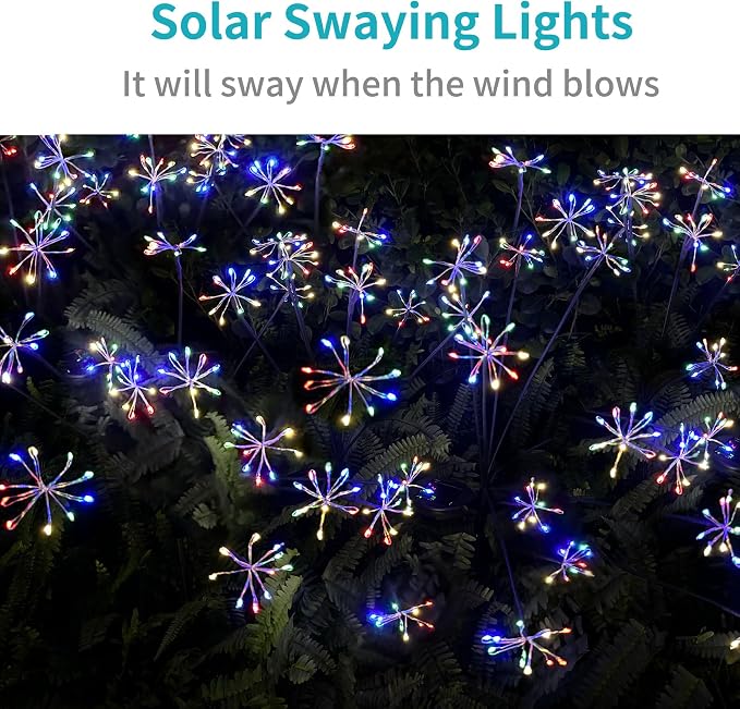 JJGoo Solar Garden Lights, New Upgraded 2 Pack Solar Swaying Starburst Light, Waterproof Fireworks Outdoor Lights, Yard Patio Pathway Decoration, Colorful