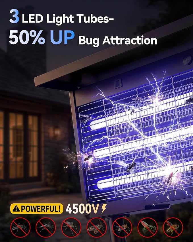𝟐𝟎𝟐𝟔 𝐔𝐩𝐠𝐫𝐚𝐝𝐞𝐝 3 Tubes Solar Bug Zapper Outdoor, Mosquito Zapper Waterproof Electric Fly Zapper Rechargeable Mosquito Killer, Cordless Fly Insect Trap for Yard, Patio, Home, Garden, Camping
