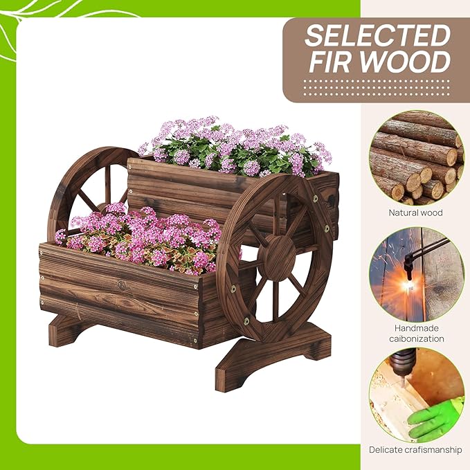 Wooden Wagon Planter Cute Garden Flower Pots Cart with wheels, Outdoor Decoration decor Indoor, Drainage hole, Garden decor for succulents herbs veggies for porch patio balcony (Carbonized, Medium)