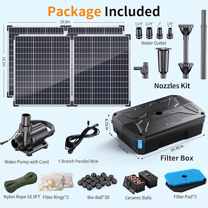 Antfraer 100W Solar Pond Filter with Water Pump, 1200GPH Solar Pond Filter with 3-Stage Filtration, Pond Filter Box with Filter Medias for Outdoor Ponds Fish Tank Waterfall Water Features