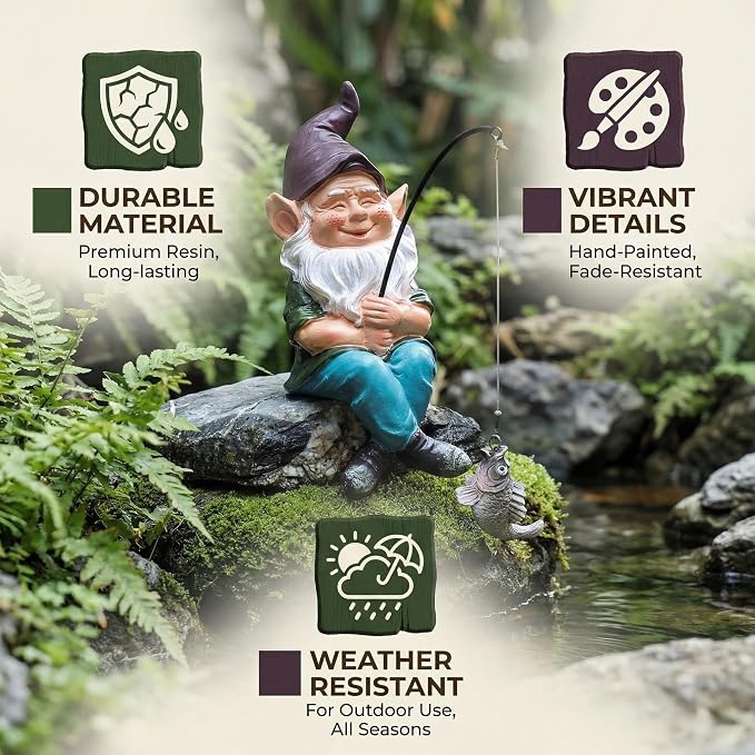 Garden Gnome Fishing Statue, 9.7" Koi Pond Decor with Glow in Dark Pebbles, Great Gift for Mom