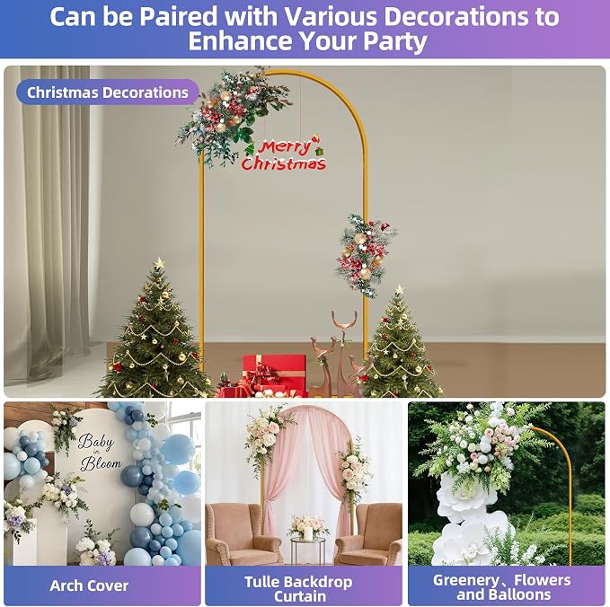 Hemmotop 6FT Arch Backdrop Stand for Party, Ceremony, Metal Arch Frame with Ground Stakes, Gold Photo Back Drop Stand for Bridal Shower, Birthday, Photo Booth, Garden Decoration, Baby Shower