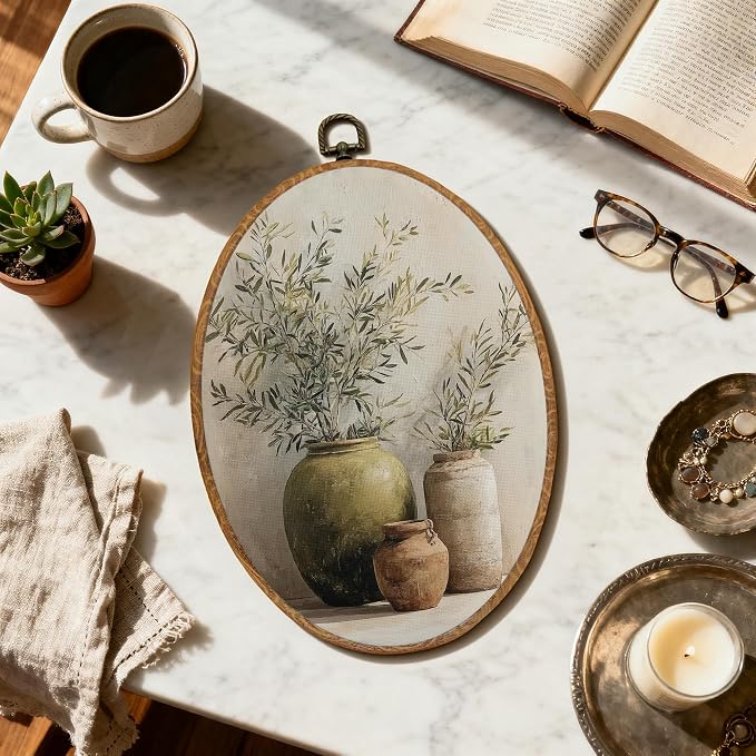 DOFQZ Vintage Olive Branch Oval Wall Art Decor, Neutral Modern Organic Framed Wall Art, Cottagecore Olive Tree Walls Hanging Decor for Farmhouse Kitchen Home, 8.5x11.5 Inch