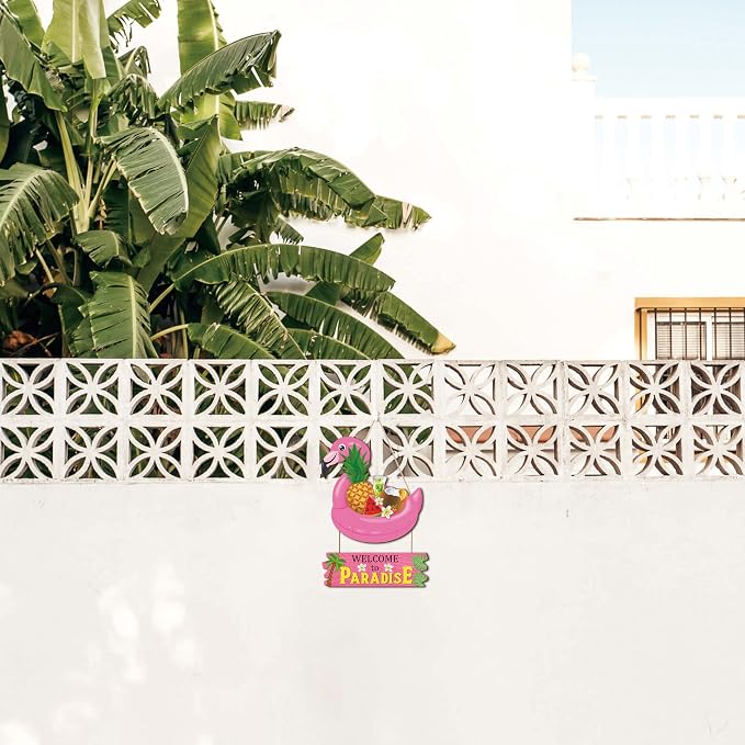 HOURIA Welcome to Paradise Door Sign(16”*11.4”), Pink Flamingo Hawaiian Summer Beach Wall Hanging Sign, Summer Coastal Tropical Fruit Coconut Tree Door Decor for Front Door Porch Pool Yard Beach Bar