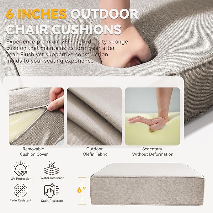 Outdoor Cushion Set for Furniture Patio Furniture, UV Resistant, Water Resistant - 6 Inch Thick Foam Garden Cushions– 24x24 Inch Patio Seat Covers for Chair/Sofa/Couch | Beige | 10-Pack |