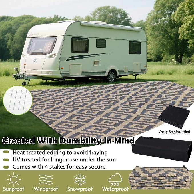 SAND MINE Reversible Mats, Plastic Straw Rug, Modern Area Rug, Large Floor Mat and Rug for Outdoors, RV, Patio, Backyard, Deck, Picnic, Beach, Trailer, Camping (10' x 14', Grey Tan Lattice)