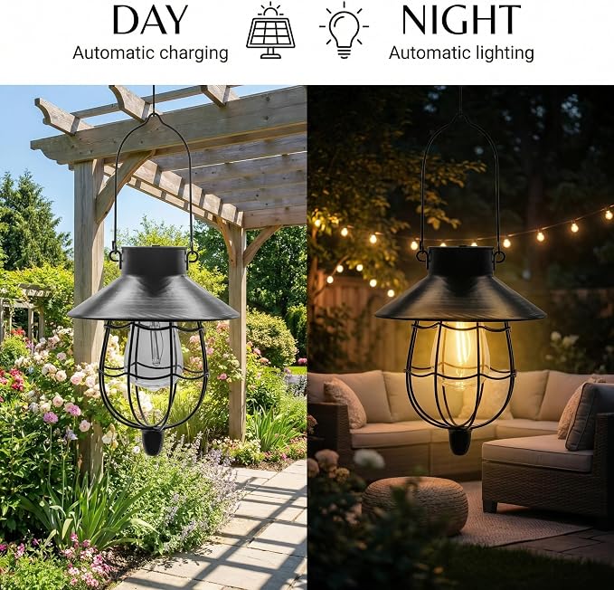 YAKii 2 Pack Solar Lantern Hanging Waterproof Outdoor Metal Solar Lamp with Warm White Light Decorate for Yard Garden Pathway Patio Porch Decor (Black)
