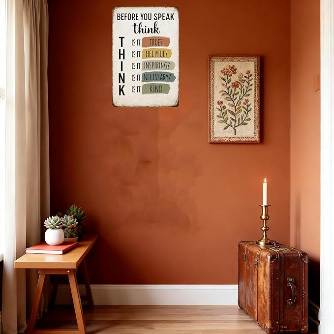 Motivational Wall Decor for Office - Before You Speak Think Metal Sign – Vintage Inspirational Quote Wall Decor for Classroom, Office, or Home – Motivational Gift for Teachers, Students, and Families