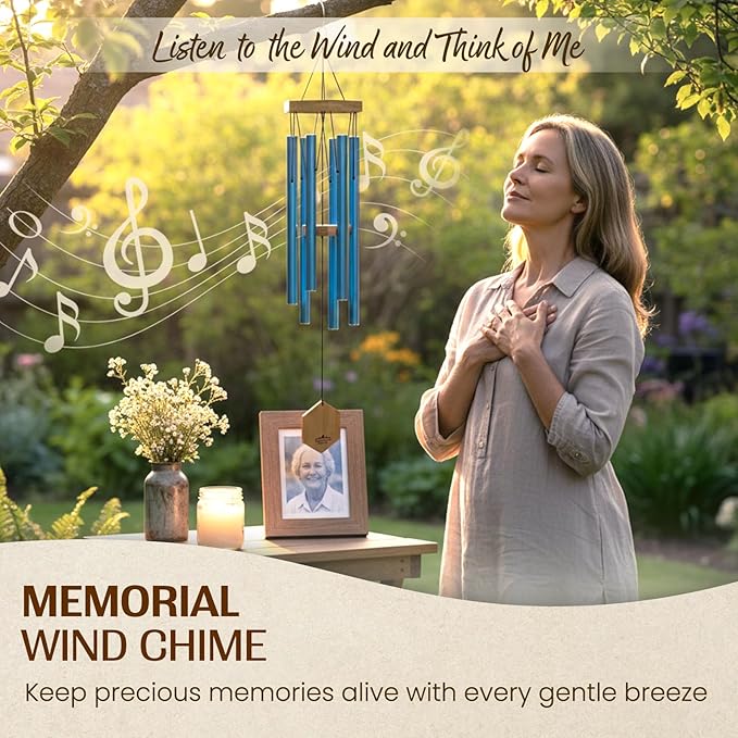 Blue Wind Chimes for Outside, 29 Inch Hand Tuned G Major Pentatonic Wind Chime, Memorial Sympathy Gift for Loss of Loved One, Deep Tone Aluminum Bamboo Garden Patio Porch Decor