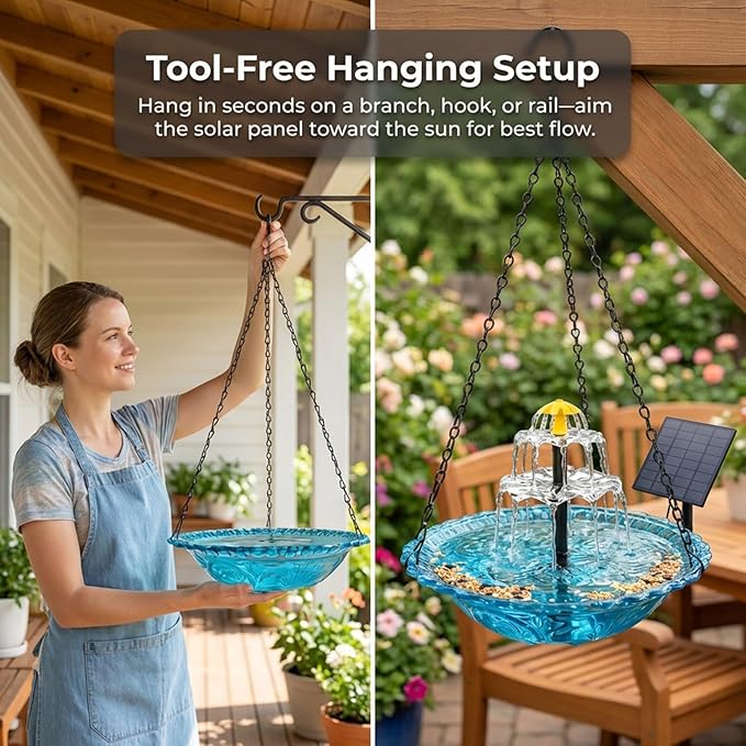 Hanging Solar Bird Bath Fountain EOHMAK Solar Powered Cascading Outdoor Water Fountain, Hanging Bird Bath with Water for Outdoors Garden Patio Backyard Lawn Decor (Blue)