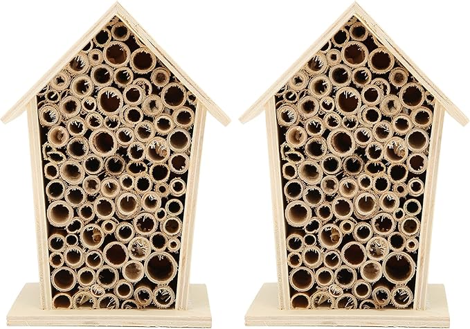 2PCS Wooden Bee House - Natural Hotel for Bees - Safe & Durable Garden Decoration & Pollinator
