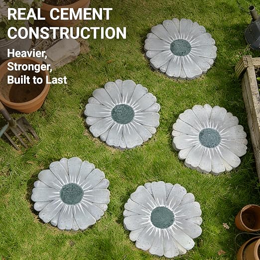 Heavy Duty Concrete Stepping Stone 10 Inch Daisy Design, Non Slip Garden Pathway Stone for Outdoor Walkway Yard Patio Lawn (Gray)