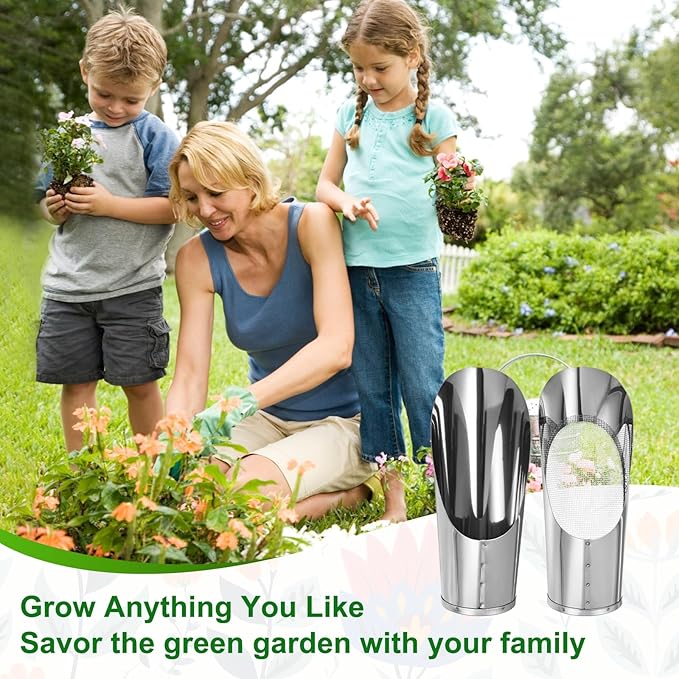 M METERXITY 1-Set Bonsai Soil Scoops, 2.8inch/7.2cm Stainless Steel Garden Soil Scoop Bucket Shovels and Soil Sifter for Transplanting/Flower Planting, Small Gardening Tools [Silver Tone]