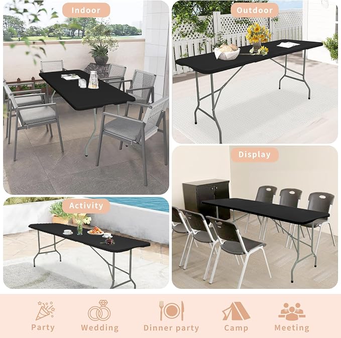 HAISIWLKJ Folding Table 6 FT Lightweight Camping Table Black Portable Plastic Rectangular Outdoor Dining Table Steel Legs Fold-in-Half with Carrying Handle for Indoor,Picnic,Party,Wedding,Events