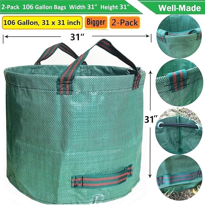Professional 2-Pack 106 Gallon Large Lawn Garden Bags (D31,H31 inch) Yard Waste Bags with Gardening Gloves for Leaf Bags,Yard Debris,Garden Trash Container,Lawn Weeds Bag,Grass Clippings Bag 4 Handles