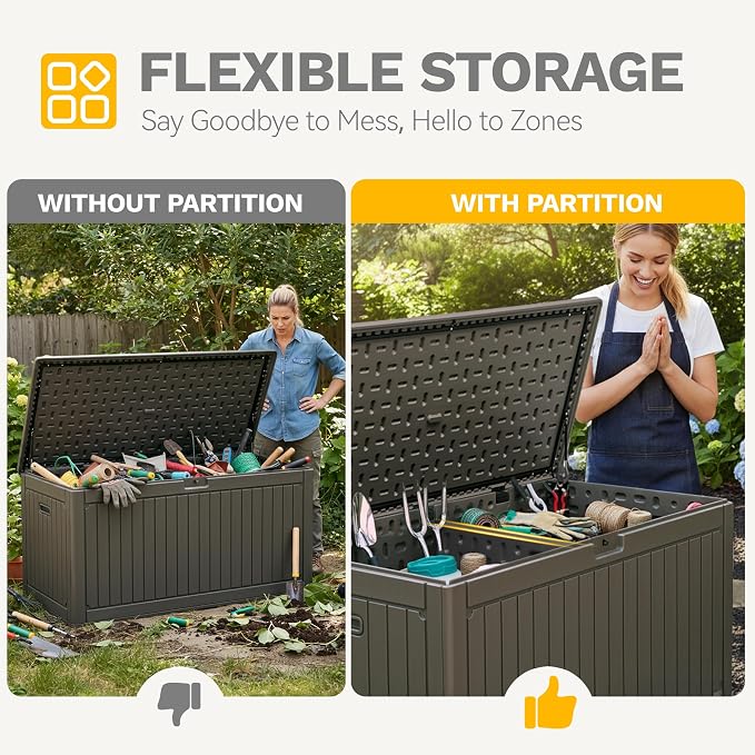 DWVO 320 Gallon Resin Outdoor Storage Box, XXL Double-Wall Waterproof Deck Box with Divider, Doubles as Table or Seating with 1000 lbs Capacity, Lockable (Light Brown)