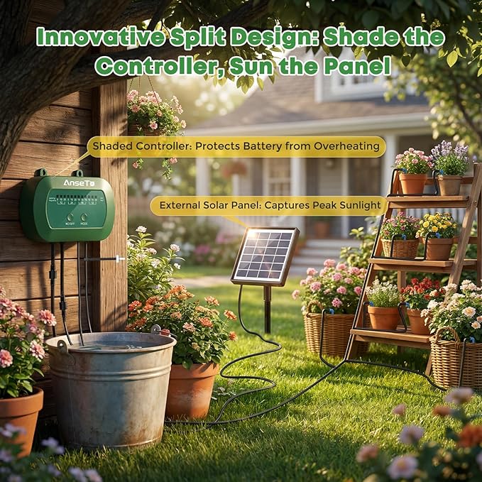 Solar Drip Irrigation System, Automatic Watering Kit with Split Design & Anti-Siphon Valve, 12 Modes Garden Irrigation System with 49ft Hose for 15 Potted Plants, Patio, Balcony & Greenhouse